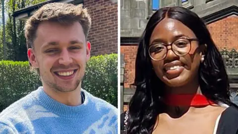 BBC Split image of Robert, who is smiling and wearing a blue jumper, and Christina, who is also smiling and wearing glasses and a red scarf
